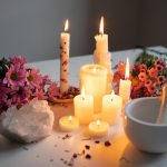 A tranquil aromatherapy scene featuring lit candles, pink flowers, and crystal accents on a white desk.